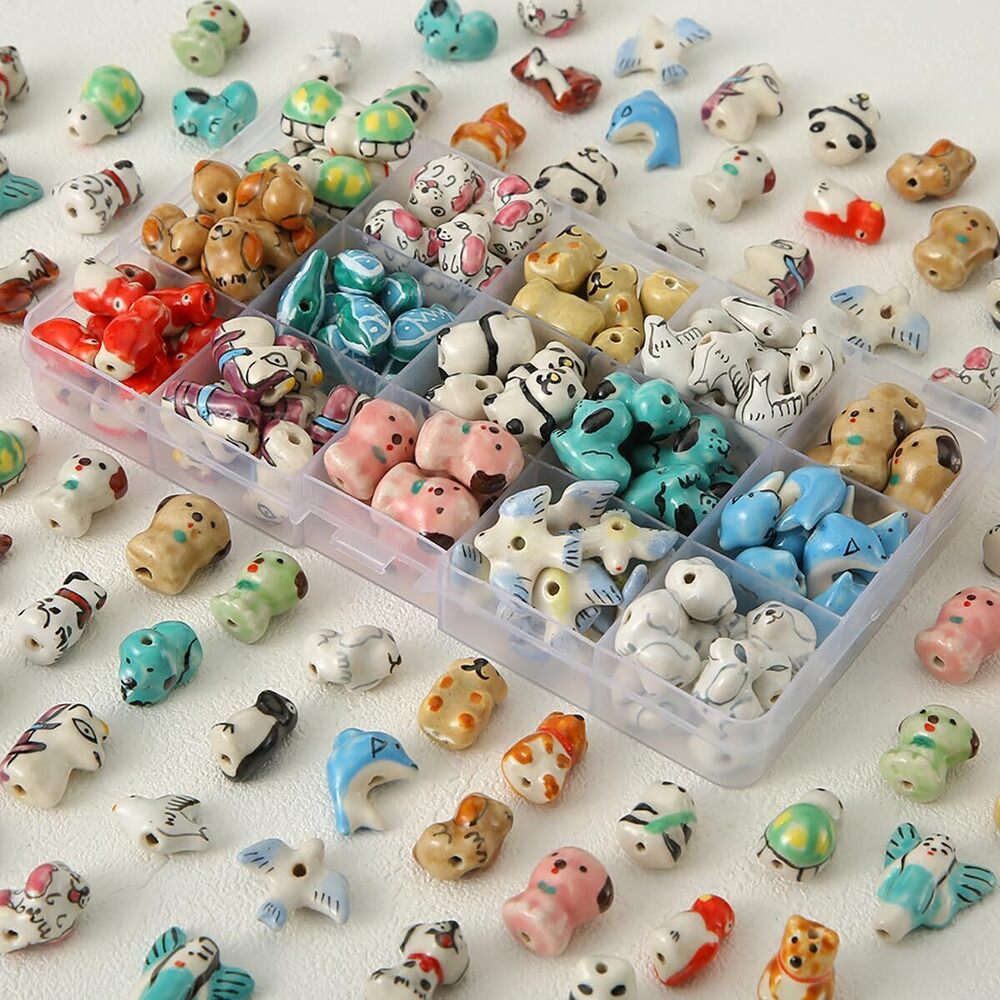 3850 24pc Porcelain Ceramic Animal Theme Beads - Cute Cartoon Hand-Painted
